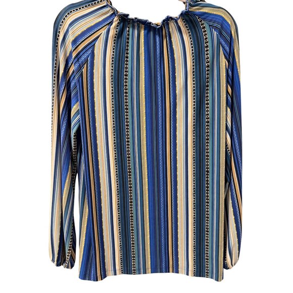 Susan Graver Blouse Sz L Long Sleeve Striped Blouse With Tie Neck Blue Multi - Picture 8 of 12